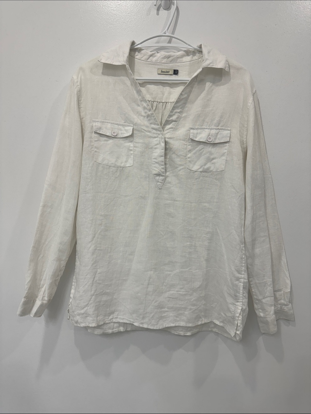 Somewhere 100% Linen White Popover Blouse Women's Size 40 Long Sleeve